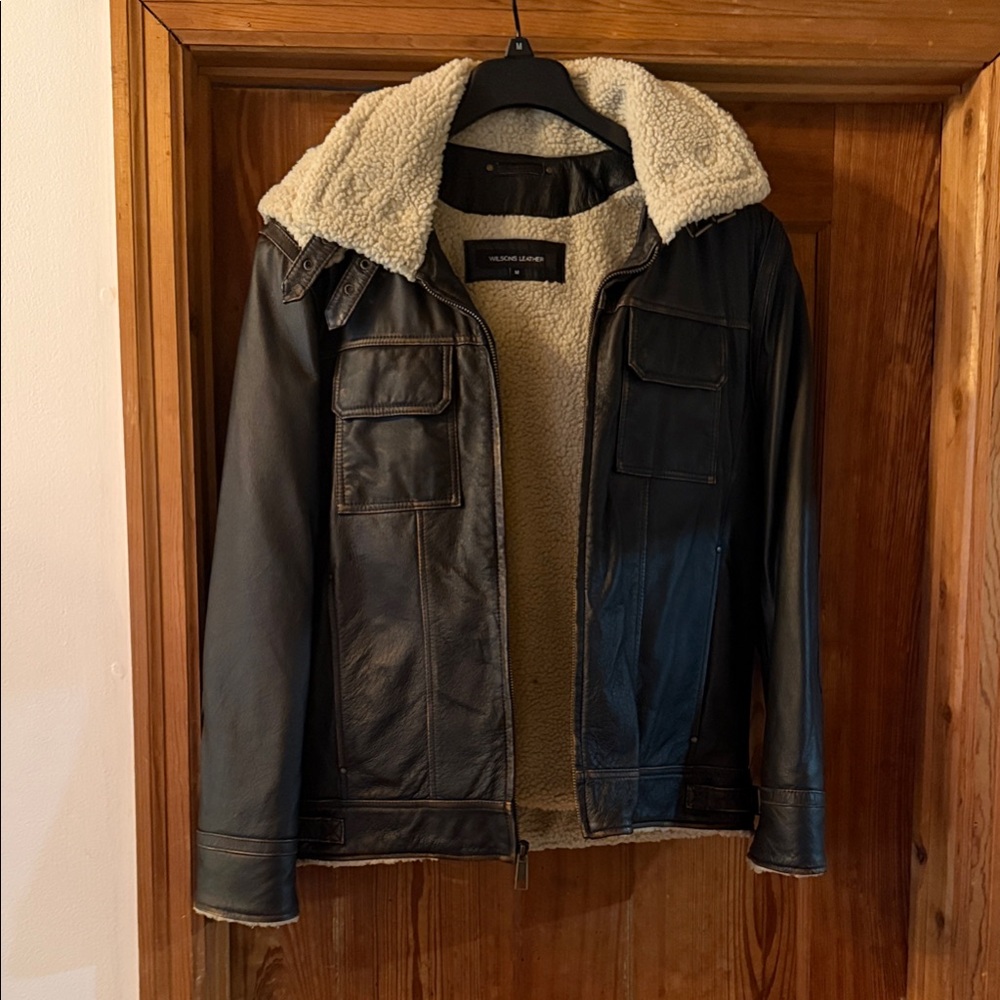 BNWOT Wilson’s LEATHER EMMITT AVIATOR BOMBER Jacket SHEARLING MEDIUM BLACK